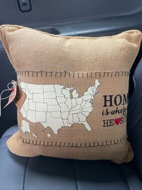 Mudpie Home Is Where The Heart Is Burlap Pillow w Heart Pin NWT Interchangeable
